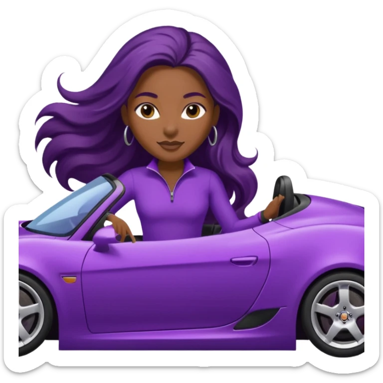 Black woman with long hair riding in a purple sports car sticker
