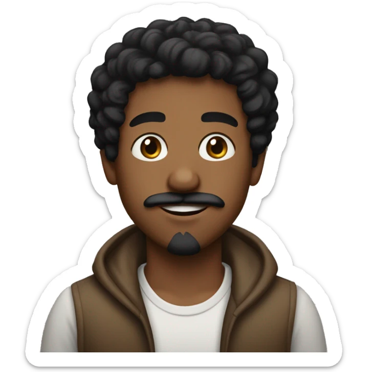 the dark brown boy has black short curly hair, goatee and moustache, black eyes. sticker
