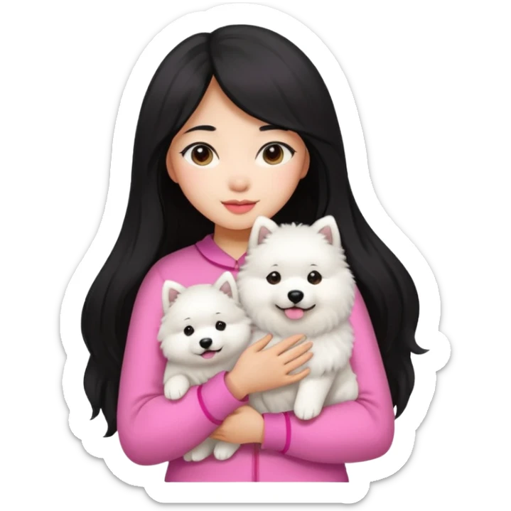 A black long hair asian pretty girl with a bright skintone and pink outfit holding a samoyed dog sticker