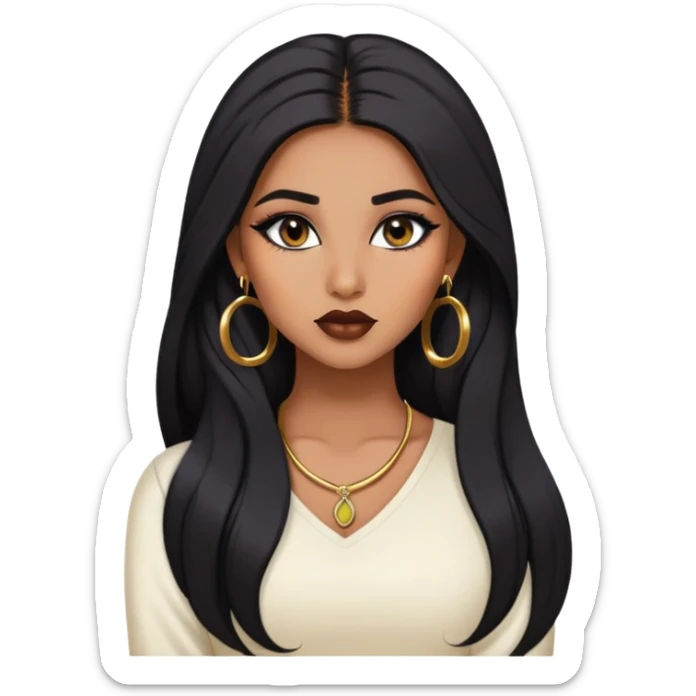 indian girl, brown skin, long black voluminous hair, brown underneath colored hair, baddie,pretty, makeup, lipliner, black eyeliner, gold hoop earrings, white top sticker