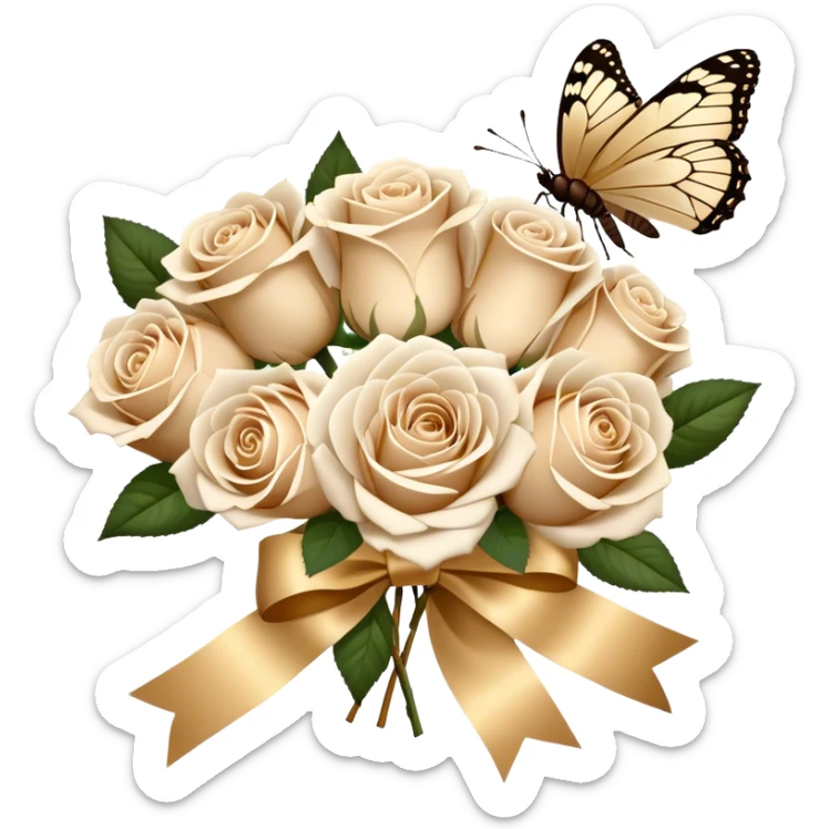 A bouquet of white Ascott tea roses next to a beige aesthetic and a brown beautiful butterfly and a gold silk ribbon sticker