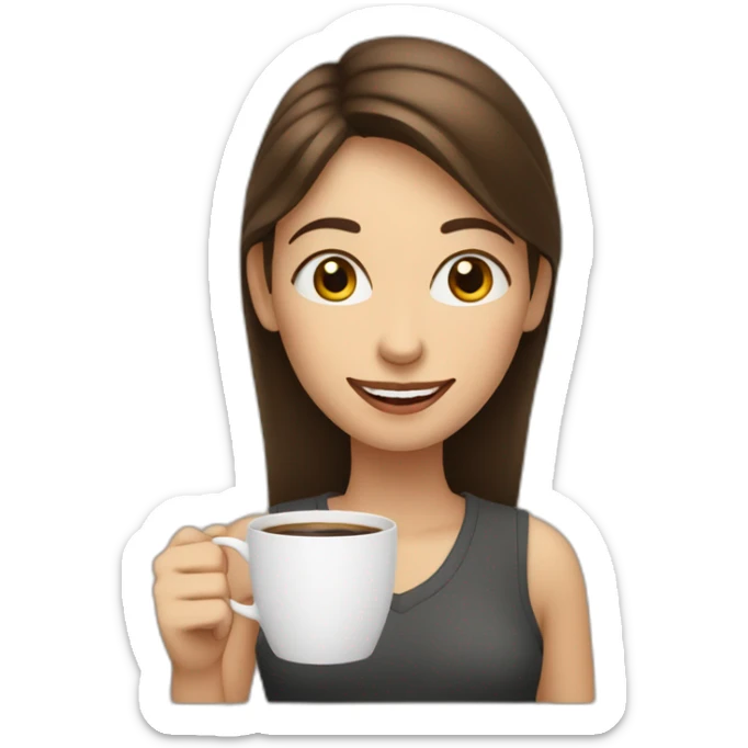 white young brunet woman with face visible nervous smile  and eyes wide open holding a cup of coffee sticker