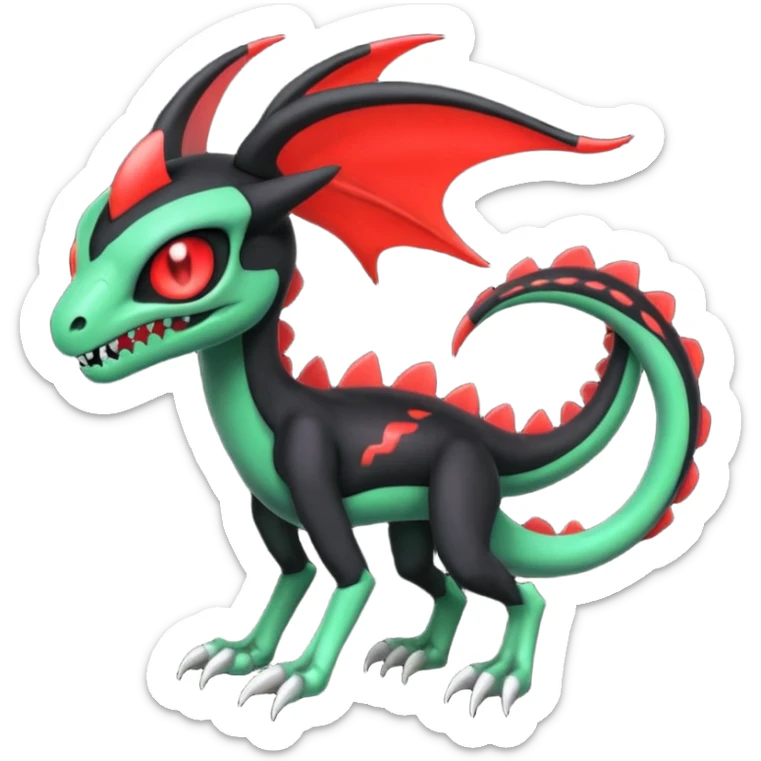 Obsidian-black and neon-glowing-green skeletal Meloetta-Salandit-Gorebyss-Salazzle-Pokémon-Fakémon-creature-fusion-hybrid with glowing crimson-red evil slit eyes sticker