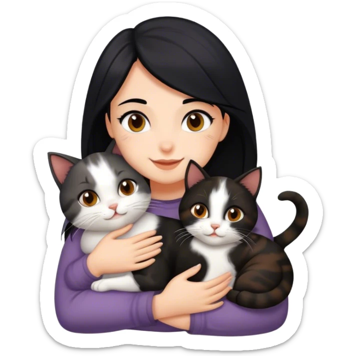 happy girl with black hair hugging three cats  (dark calico cat, gray cat, brown calico cat) sticker