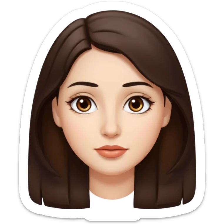 A woman emoji with fair skin, slightly wavy dark brown hair parted in the middle, an oval-shaped face, arched dark eyebrows, almond-shaped brown eyes, a small straight nose, and full lips. sticker
