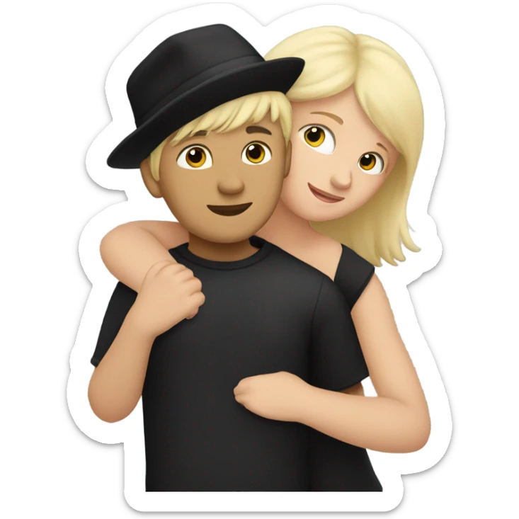 girl with blonde hair hugging boy with black hair and a black hat sticker