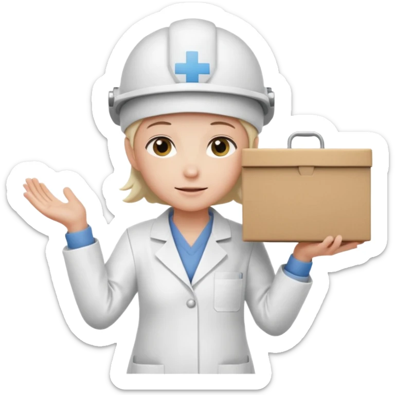 Tengo que dar una capacitacion de orgonomia, necesito un emoji de un operario con casco blanco y delantal blanco de manga larga que levante una caja cerrada con las dos manos a la altura de los hombros. Que tenga un delantal de laboratorio no de coina  sticker
