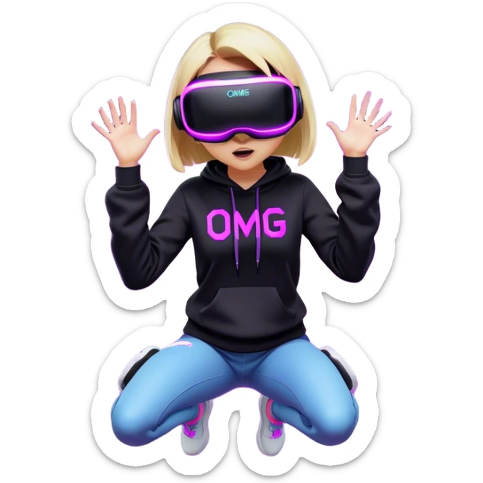 fair-haired girl with a bob girl wearing black hoody with violet letters "OMG", in vr headset oculus quest2. jumping. Cyberpunk style. Violet neon. sticker