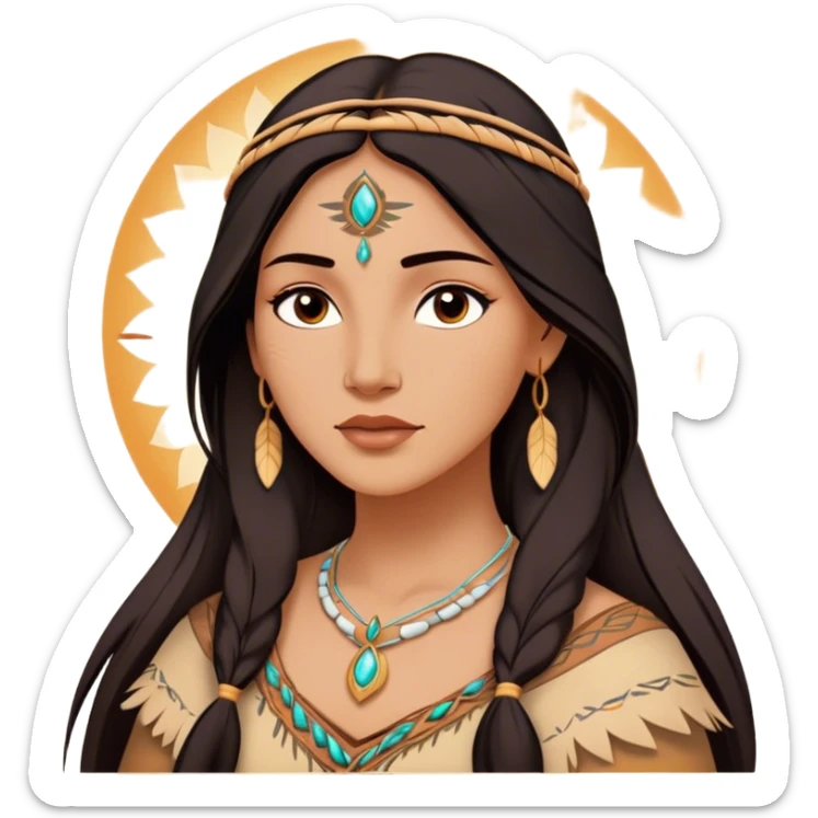 Cinematic Radiant Pocahontas Portrait Emoji, rendered in a vector-style with clean lines. Show Pocahontas with luminous, sun-kissed skin and flowing dark hair adorned with subtle natural ornaments, her expression calm and kind, dressed in simple traditional attire with earthy tones. The image glows softly with a warm, inviting radiance, enhanced by a soft glowing outline. sticker