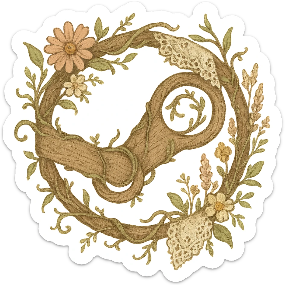 Whimsical cottagecore Steam logo: logo made of twining vines and wood, with lace and wildflowers woven in, soft earthy colors, no text sticker
