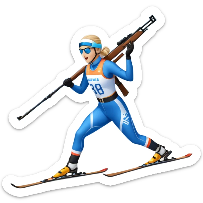 An icon showing a biathlete skiing on a snow-covered Olympic track with a rifle on their back. Cheering fans fill the stands. Majestic mountains, snowy trees, and a bright blue sky complete the scenic winter landscape. Transparent background captures the spirit of biathlon. sticker