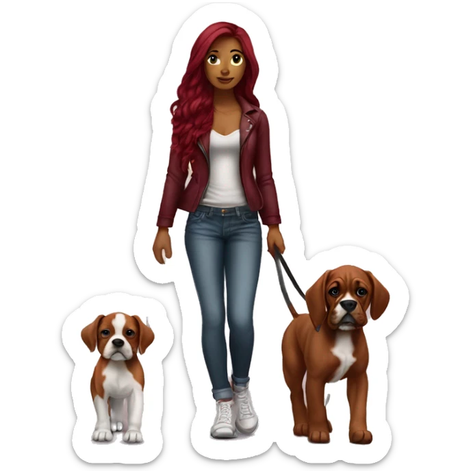 Beautiful tattooed  burgundy long haired woman walking a boxer puppy sticker