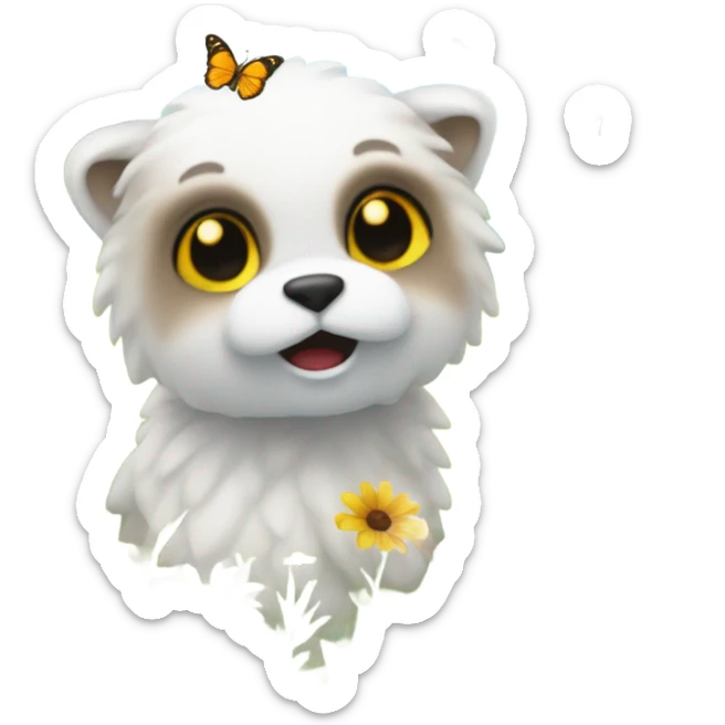 Design an emoji of a vibrant meadow filled with colorful wildflowers, rolling green hills, and a bright blue sky with fluffy white clouds. Add a few butterflies or bees to give it a lively, cheerful aesthetic sticker