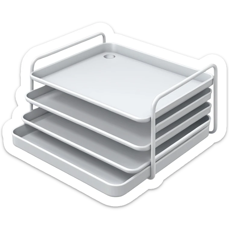 A minimal, clean emoji-style illustration of a white metal desk paper organizer tray, shown in slight isometric view so its structure is readable at a small scale. The organizer is rectangular with rounded corners, made of thin white metal wires, forming two to three stacked horizontal slots.
 sticker
