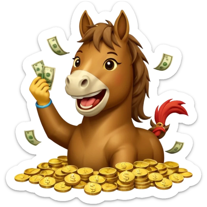 Laughing horse who is a smart and rich bank clerk but laughing with money sticker