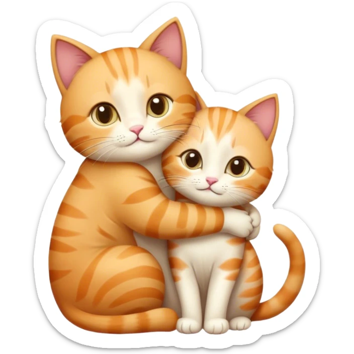 A cute illustration of two cats, one bigger and resembling a boy, and the other smaller, resembling a girl. They are gently hugging each other in a warm and loving way. The bigger cat has a friendly expression, while the smaller cat looks content and cozy. sticker