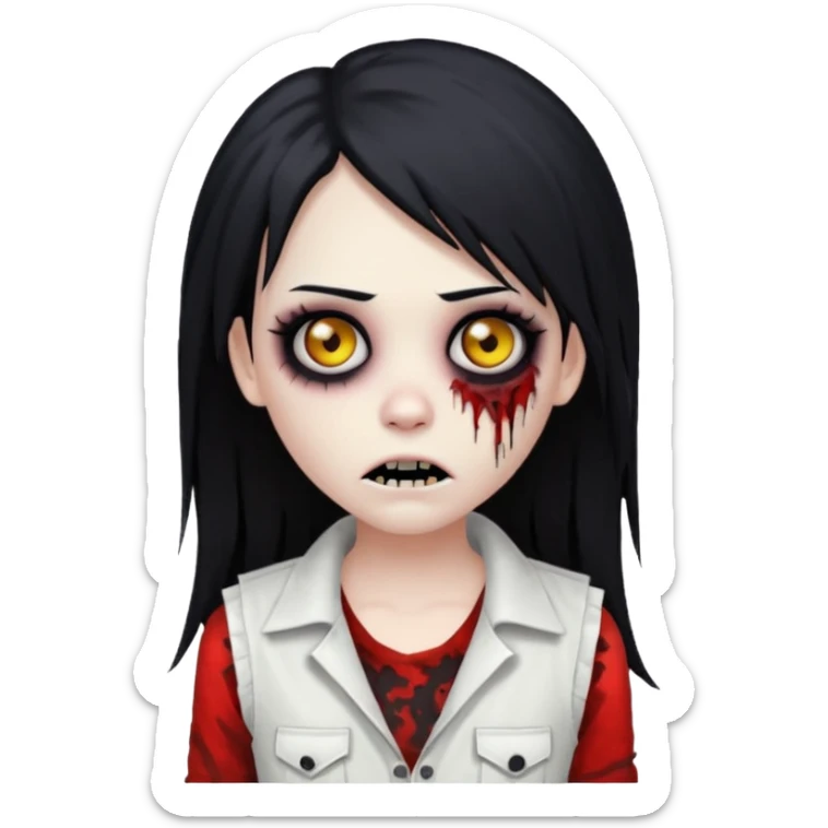 Girl zombie wearing white vest with black hair emo creepy long hair scary, black eyes emoji  sticker