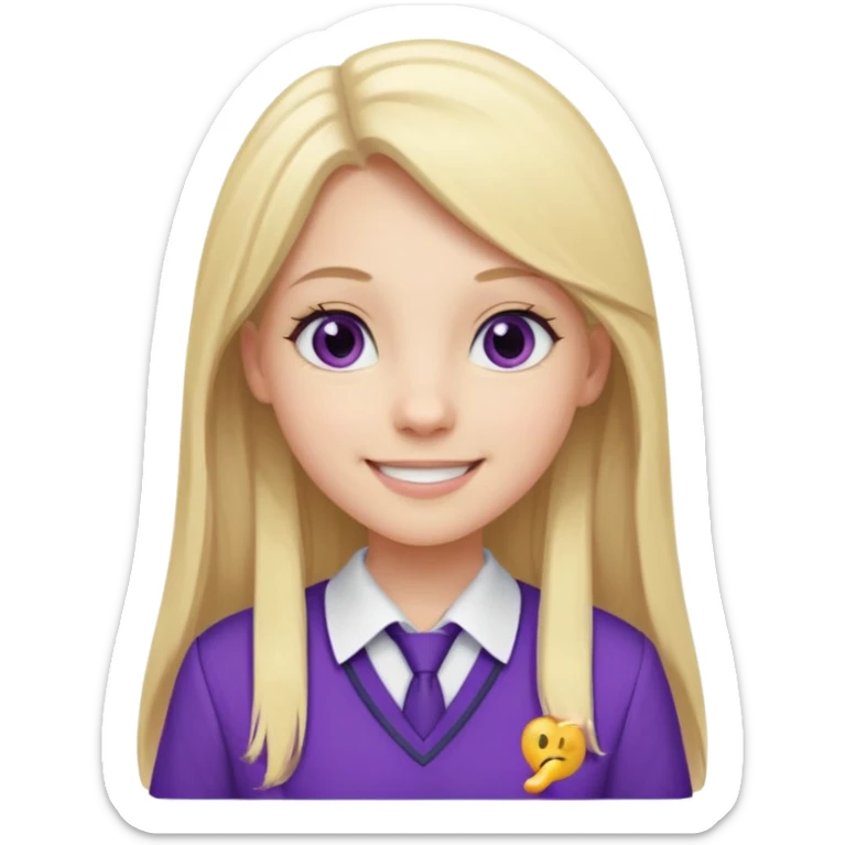 A pale girl with gray eyes and long and blonde straight hair , smiling wearing a purple school uniform  sticker