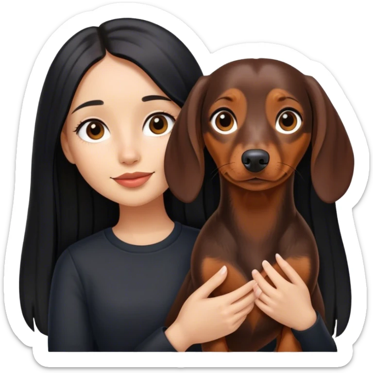 Black long straight hair girl, light skinned holding a cute brown dachshund  sticker