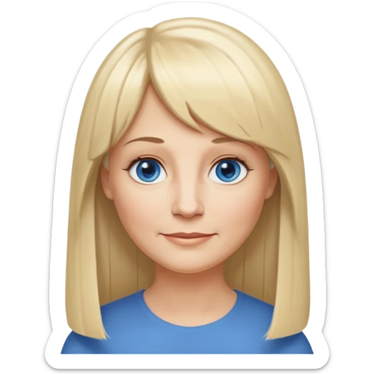 50 yr old white woman, hippe part bangs, very long straight blond hair, oval face, small smile, blue eyes, thin face, hair downback, hair parted at center of head, round cheeks, pale, longer hair sticker