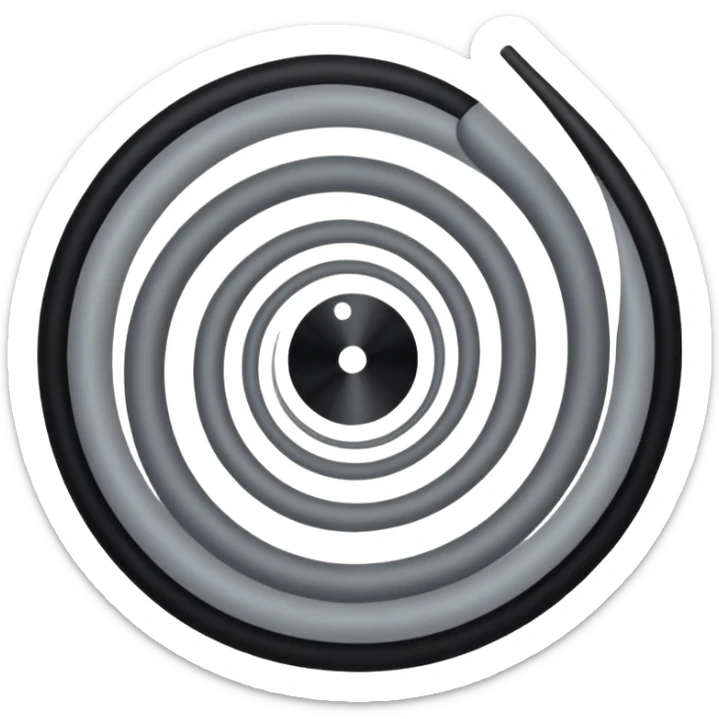 Minimalist emoji-style sticker of a strip of film curling into a hypnotic spiral. No details inside frames. Black and gray only. sticker