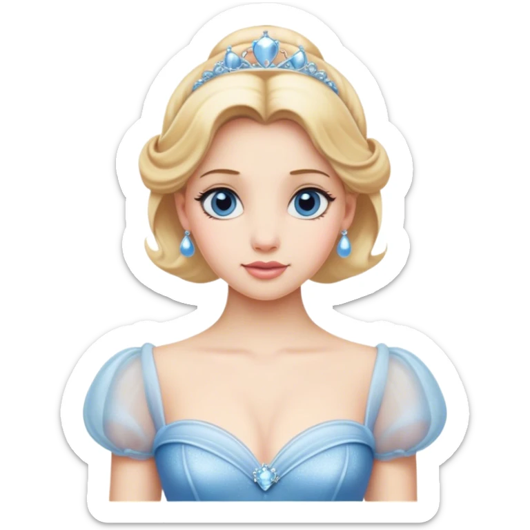 Cinematic Elegant Cinderella Portrait Emoji, rendered in a beautifully detailed, vector-style with minimal shading and bold, simplified shapes. Depict Cinderella in her classic ball gown (chest and above) with fair, porcelain skin and elegantly styled blonde hair, her eyes soft and kind, and her expression serene and graceful. The design glows with a gentle, enchanting radiance and high shine, capturing the timeless beauty of a fairy tale princess. sticker