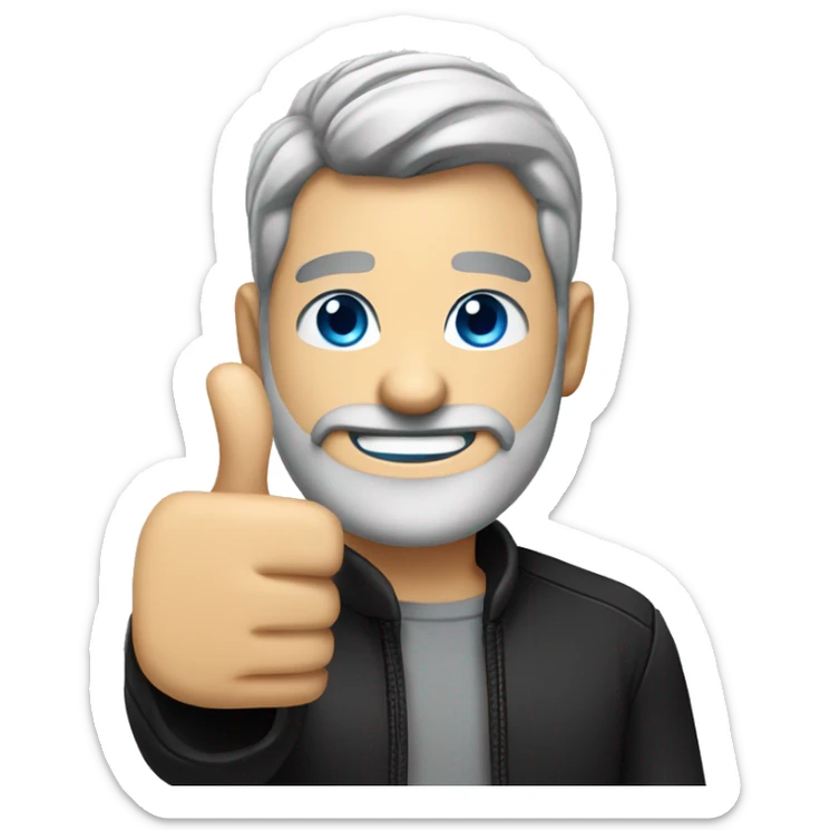 smiling male in black jacket with grey Beard and Blue eyes giviing thumbs up sticker