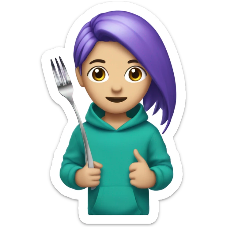 person holding a fork with purple hair, wearing a teal sweatshirt with the number 120￼ sticker