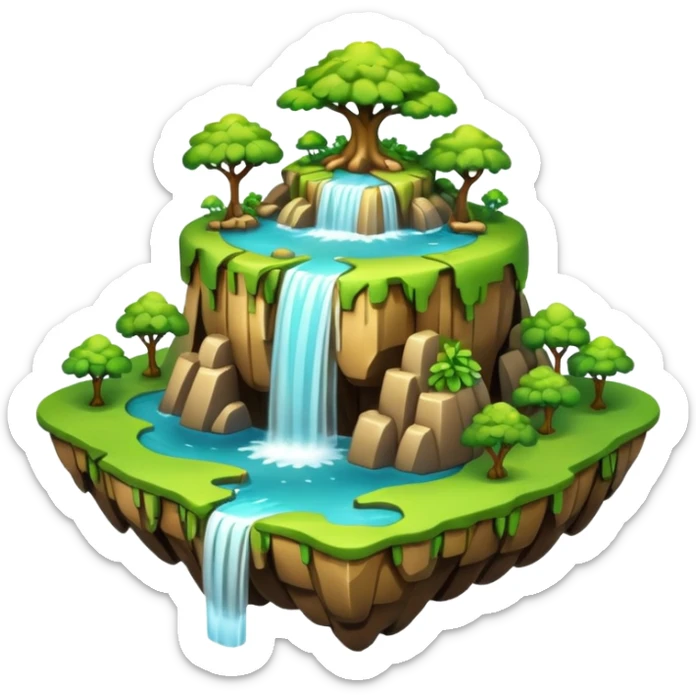 a 2d smooth not too dertailed cartoon floating island emoji with waterffalls of the sides sticker