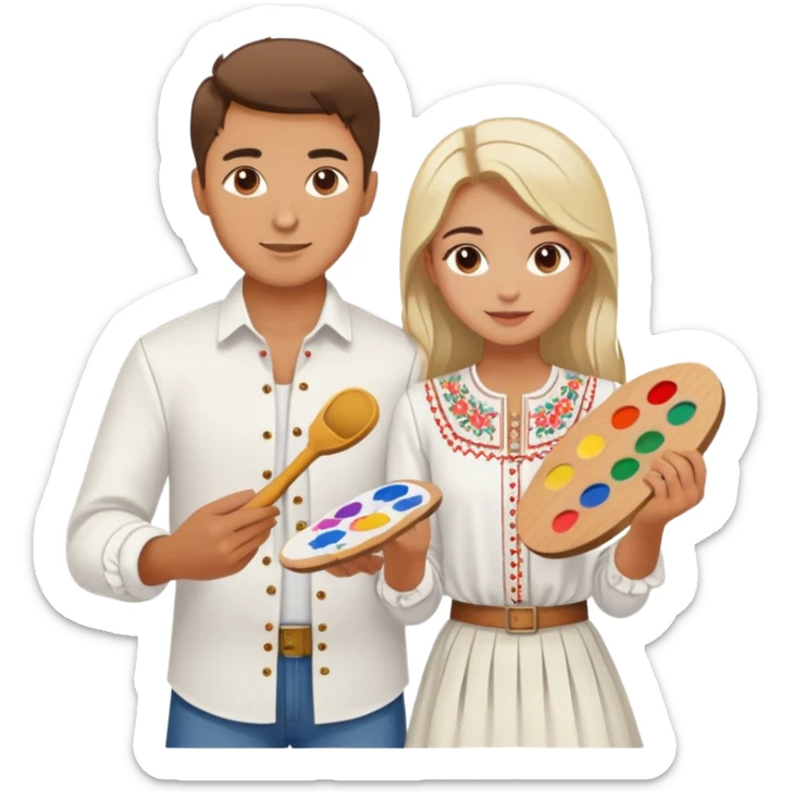 a guy in a white Ukrainian embroidered shirt and a girl in a white Ukrainian embroidered shirt, holding music and a paint palette sticker