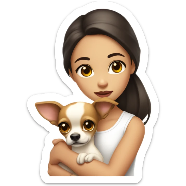 A girl with long, dark brown hair, big brown eyes, and very big lips. She is wearing a white singlet top and holding a small chihuahua in her arms that is a solid light yellow colour with no markings sticker