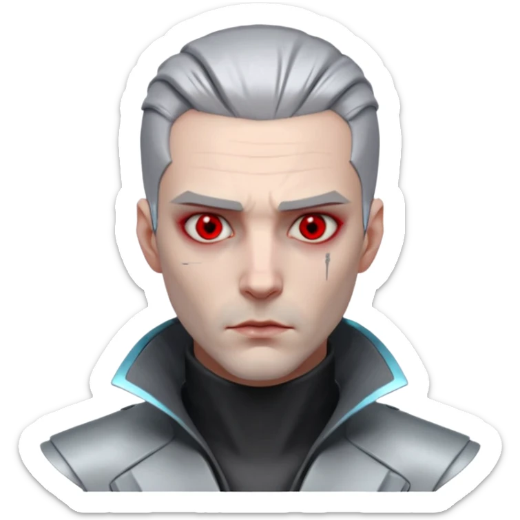 Cyberpunk man, grey slicked hair, silver metal thick  prosthetic jawline, red eyes, cold expression, clinical lighting sticker