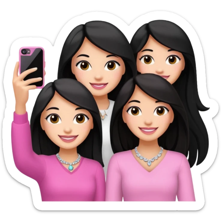 Just 3 besties with professional glammed up looks wearing pink and white, all medium skin tone smiling big with black long hair. Very girly wearing simple jewelry, taking a selfie  sticker