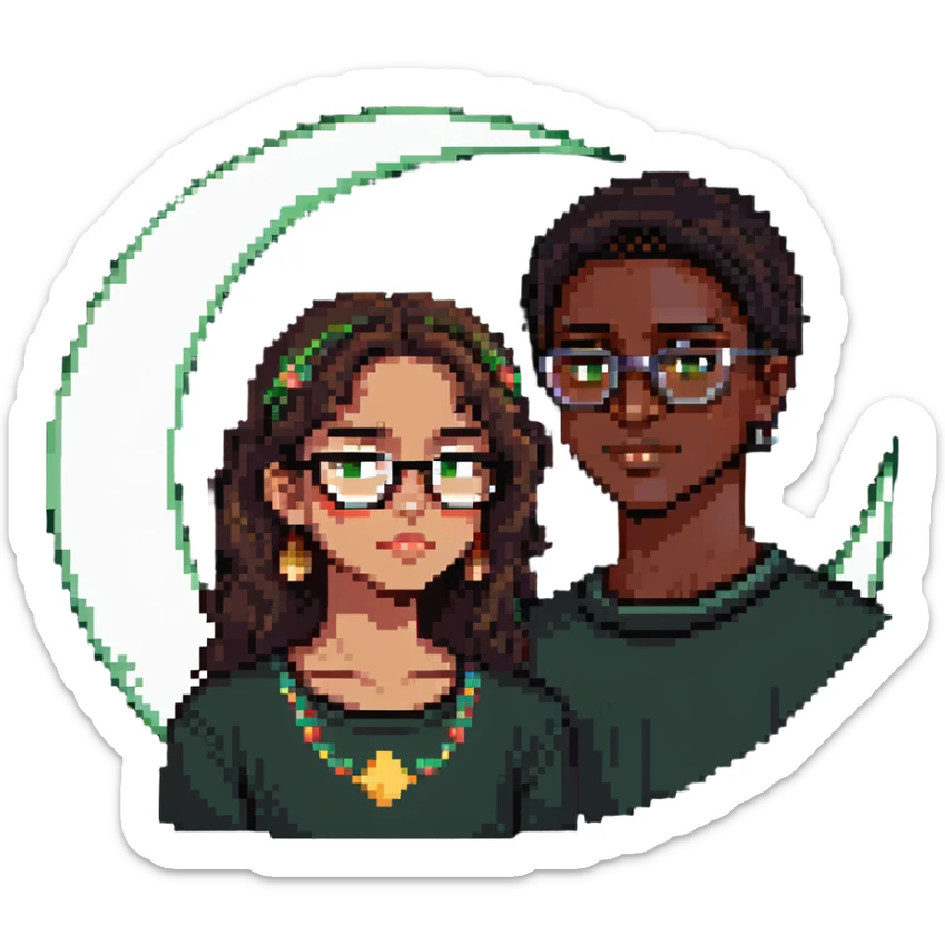 two people in pixel art style: medium height beautiful Mexican girl and dark-skinned boy with glasses, green-brown eyes, crescent moon scar on chin sticker