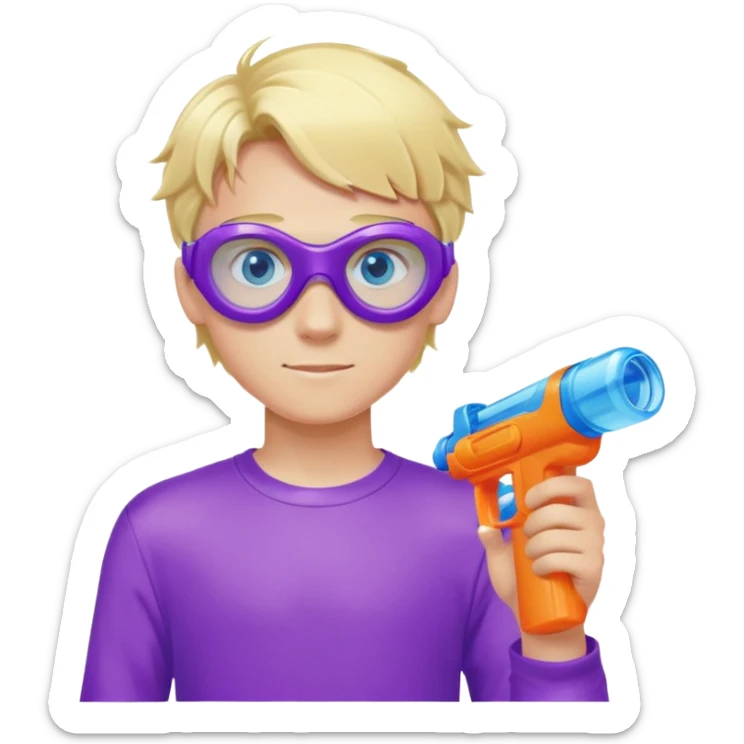 Blond 18 year old boy, with blue eyes, wearing swim goggles, wearing a purple sweatshirt , holding one water gun sticker