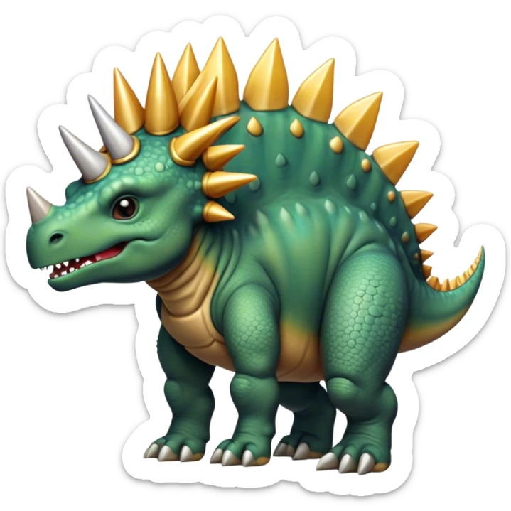 Cinematic Noble Stegosaurus Portrait Emoji, Poised and dignified, with a sturdy, low-slung body adorned by a distinctive row of bony plates along its back and a spiked tail, a small, determined head with observant eyes, Simplified yet sharply defined features, highly detailed, glowing with a soft, earthy radiance, high shine, intelligent and resolute, stylized with an air of ancient armored majesty, focused and alert, soft glowing outline, capturing the essence of a watchful and confident Stegosaurus that appears ready to lumber out of the screen with effortless authority! sticker