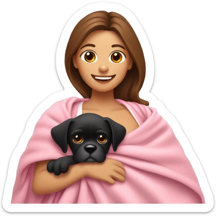 a woman with brown hair is cradling her puppy in a pink baby blanket. the puppy is a black boxer dog. the woman is smiling with mouth ajar. you can see the woman cradling the puppy like a baby from her waist up.  sticker