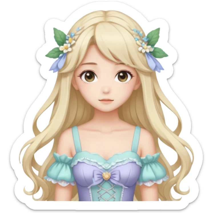 gorgeous pretty attractive anime lady beautiful hair with gorgeous dress fairycore cottagecore pastelcore detailed high quality trending VOGUE aesthetic head and bust sticker