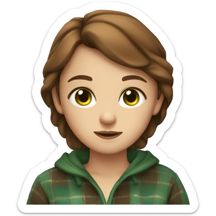 A girl with green eyes and brown hair is wrapped in a plaid sticker