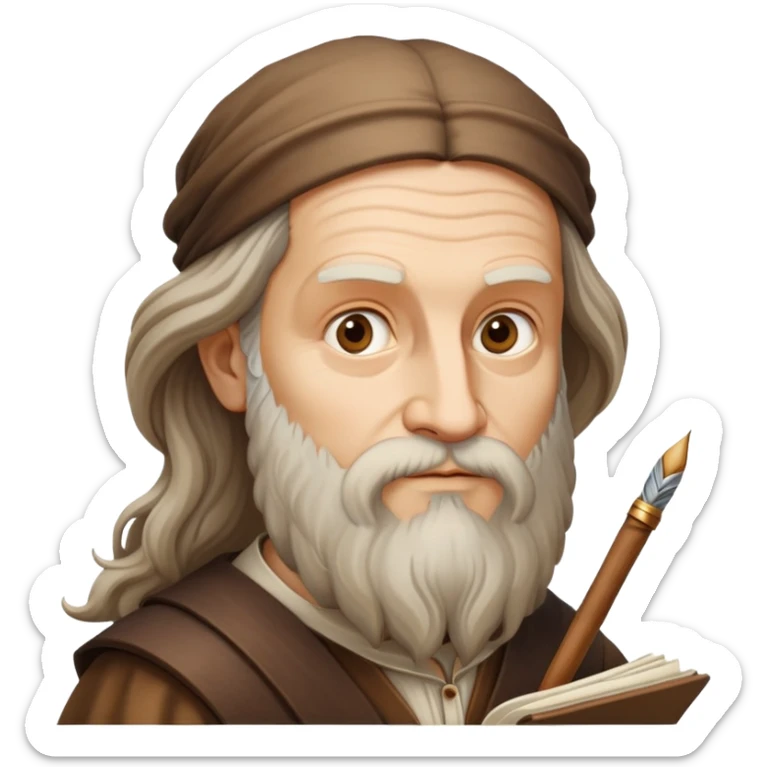cinematic-realistic-leonardo-da-vinci-portrait-emoji,-depicted-as-the-quintessential-renaissance-polymath-with-deep,-thoughtful-eyes,-a-flowing-beard,-and-a-quill-or-sketchbook-in-hand.-the-scene-is-illuminated-with-warm,-classical-light sticker