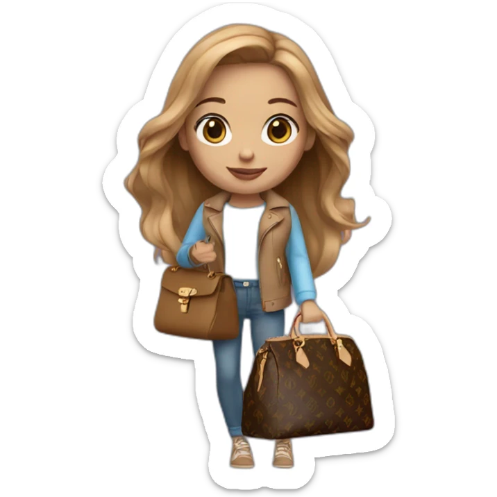 1 girl with light-brown long hair, blue eyes holding louis vuitton bag sticker