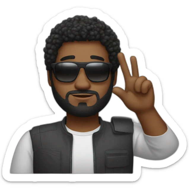 A black man with a chubby oval face, a slight beard and short frizzy hair. And sunglasses. He makes a Vulcan salute sticker