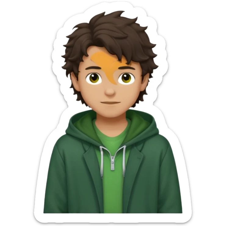a 14 year old slightly tanned teenage boy with dark brown tousled wavy hair, dark brown eyes wearing a green tshirt, with a dark green hoodie overcoat. smirking. full body sticker