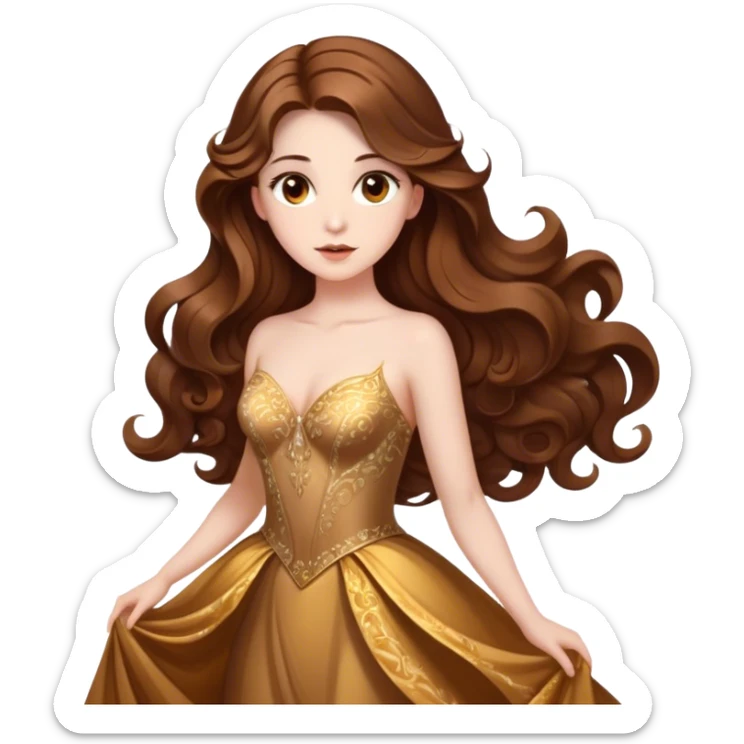 Cinematic Stunning Belle Portrait Emoji, Deep brown eyes full of curiosity, long chestnut hair flowing in soft waves, wearing her golden ballroom gown, glowing with warmth and elegance, a princess whose beauty is as radiant as her mind! sticker