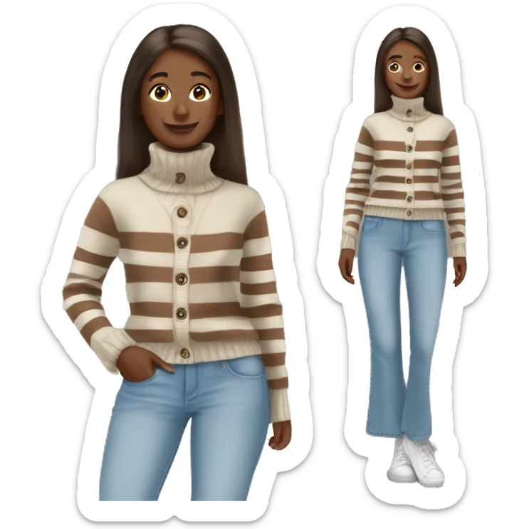 white cardigan on brown turtle neck sweater with brown white cream stripes and a flared light blue jeans sticker