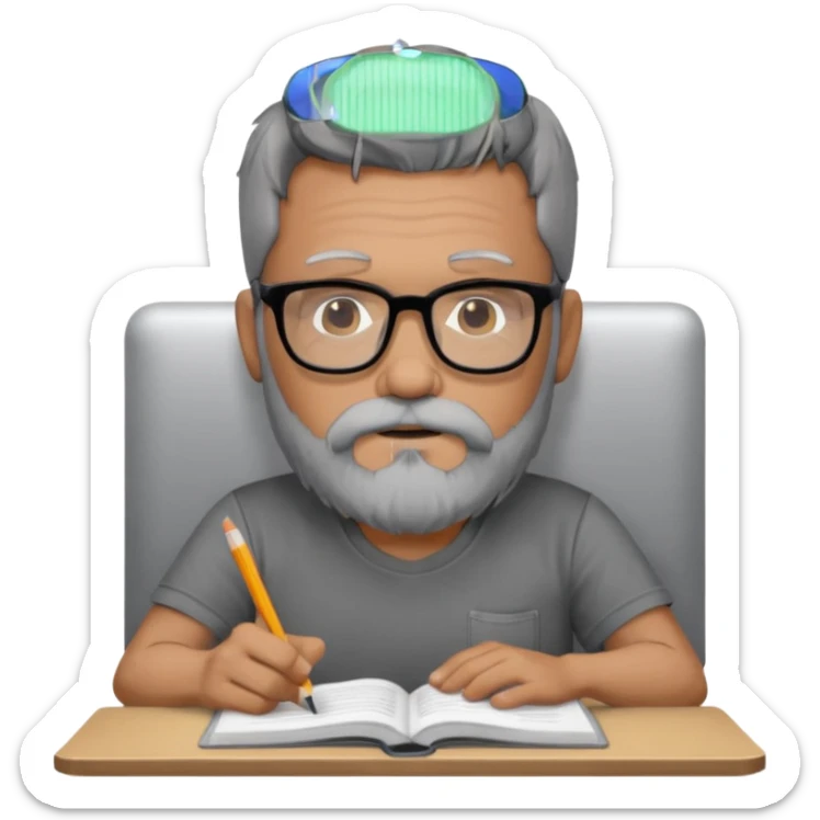 A man with a large gray beard, dark hair, wearing a t-shirt and glasses, studying. sticker