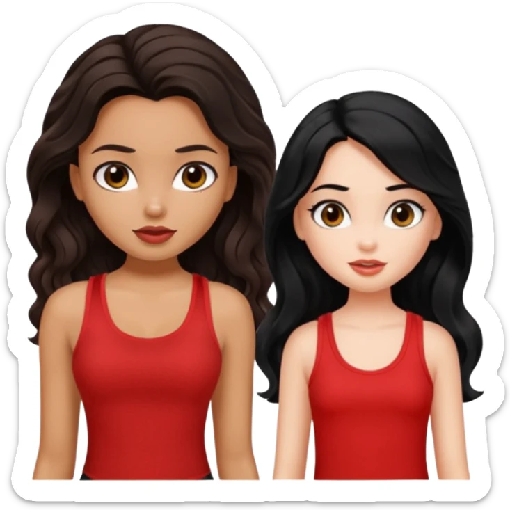 generate a pretty tan bratz girl with brown wavy hair long wearing a red tank top. talking to a girl with black hair wearing black sticker