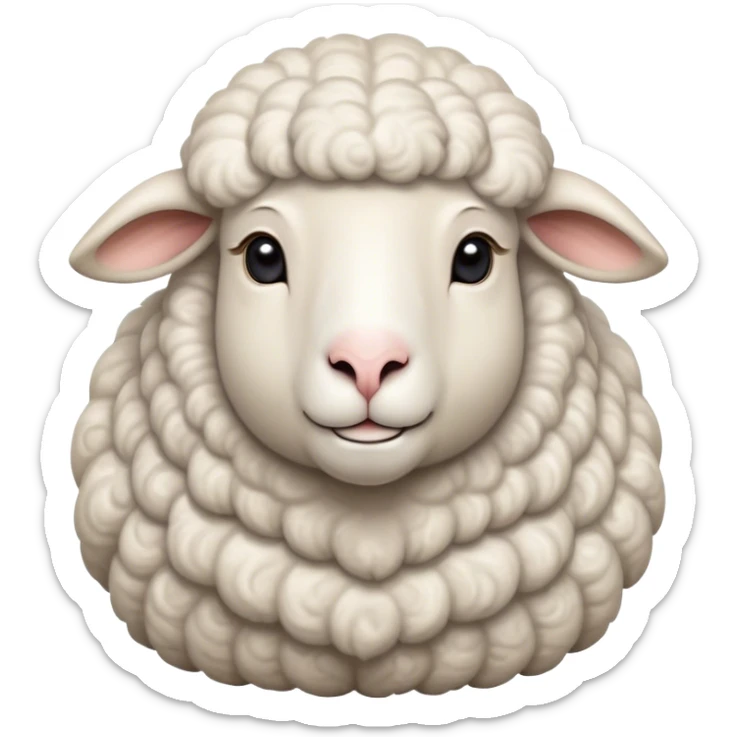 Cinematic Noble Sheep Portrait Emoji, Poised and regal, with a large, sturdy build and a luxuriously fluffy, well-groomed white fleece, deep-set soulful gentle eyes, Simplified yet sharp and sophisticated features, highly detailed, glowing with a soft, dignified glow, high shine, intelligent and calm, stylized with an air of pastoral majesty, focused and attentive, soft glowing outline, capturing the essence of a watchful and confident sheep, so majestic it feels as though it could amble out of the screen with effortless authority! sticker