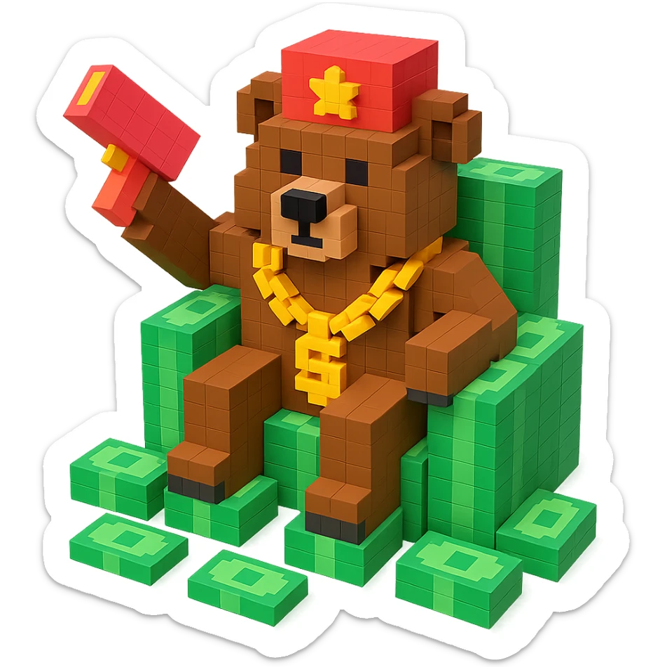 Russian grizzly bear with a rapper chain and a money gun, sitting on a throne of cash sticker