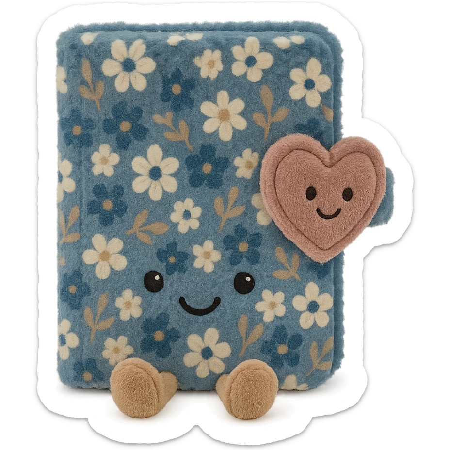 Blue Floral journal with a heart-shaped lock as a kawaii plushie, jellycat style  sticker